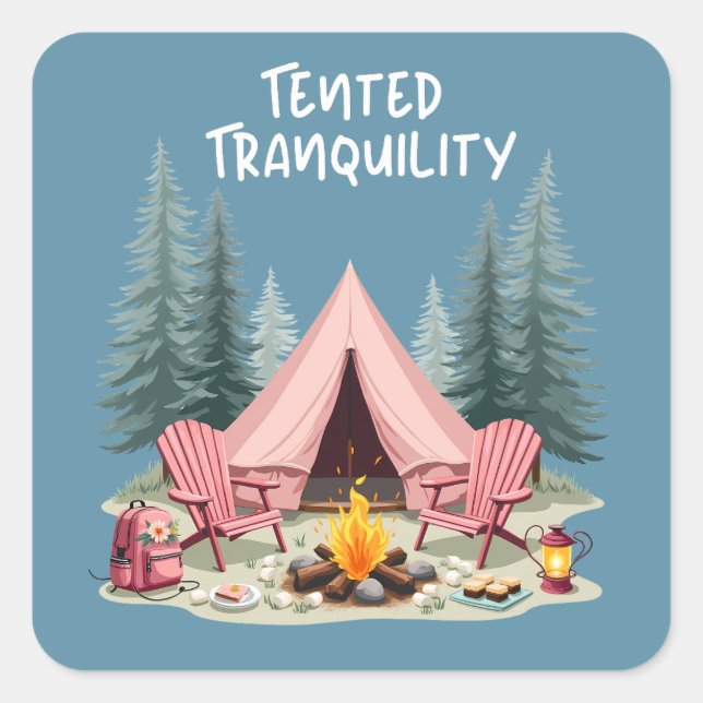 Cosy Camping Aesthetic Glamping Tent & Campfire Square Sticker (Front)