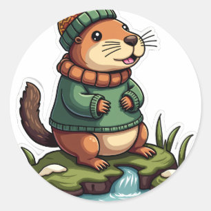Cosy Capybara Winter Knitwear Forest Stream Chill  Classic Round Sticker