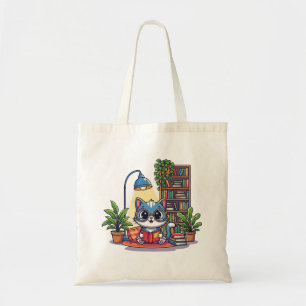 Cosy Cartoon Cat Reading in a Book Room Tote Bag