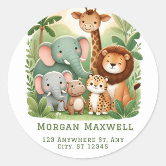 Cosy Cartoon Safari Animals Baby Shower  Classic Round Sticker