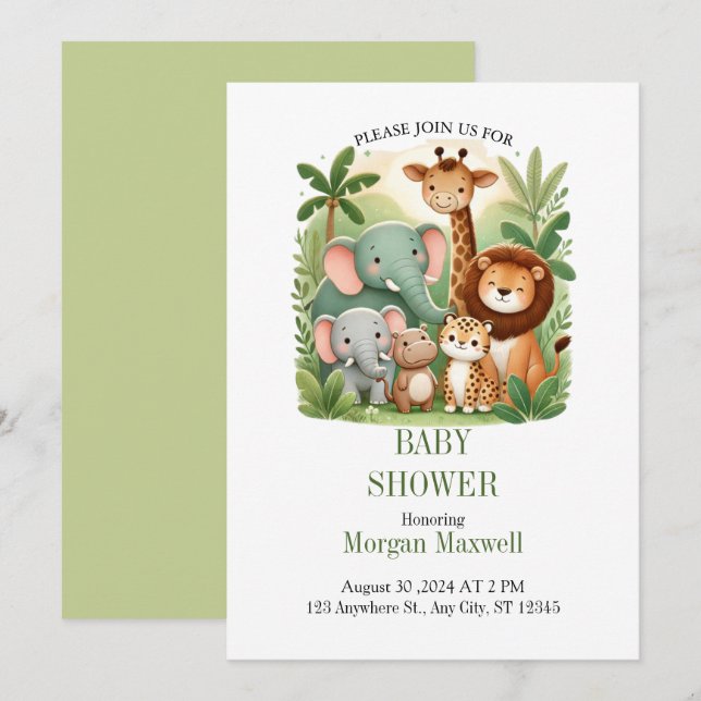 Cosy Cartoon Safari Animals Baby Shower Invitation (Front/Back)