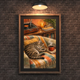 Cosy Cat and Coffee Vinyl Scene, Sleeping Tabby Poster