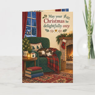 Cosy Cat and Fireplace Christmas Card