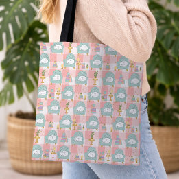 Cosy Cat & Book Girly Pink Pastel Mint Green Tote Bag