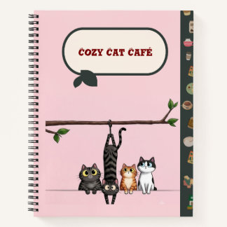 Cosy Cat Cafe Cute Cartoon Cats on Branch Pink Notebook