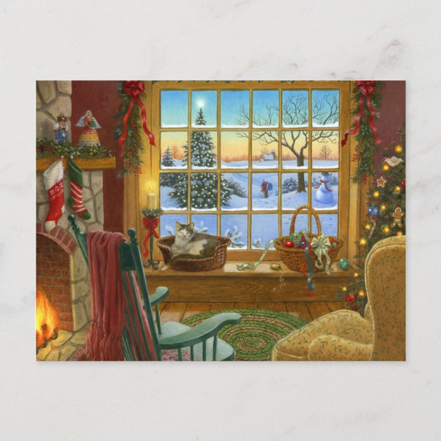 Cosy cat Christmas Holiday Postcard (Front)