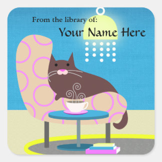 Cosy Cat, Coffe & Books bookplate Square Sticker