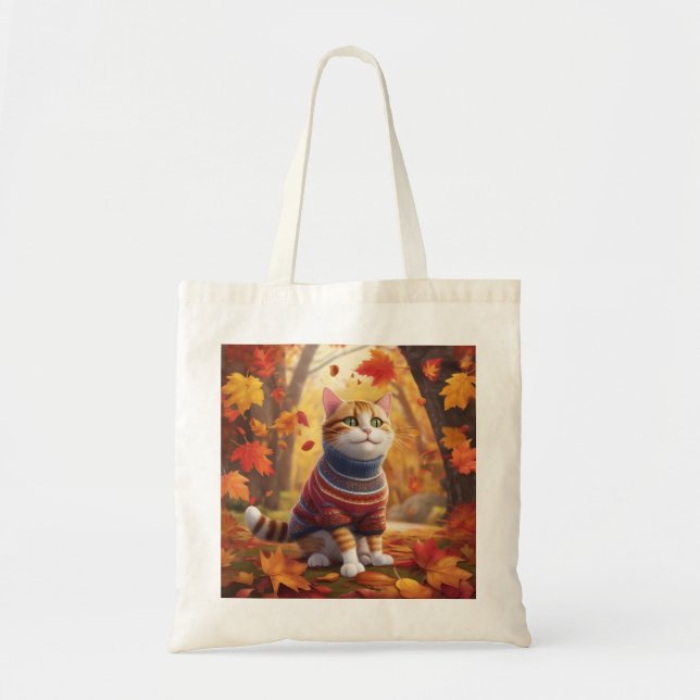 Cosy Cat Enjoying the Autumn Leaves Tote (Front)