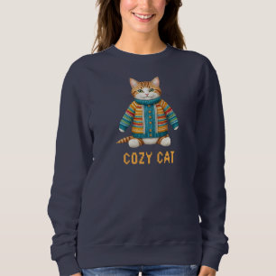 Cosy Cat Hand Knit Print Sweatshirt, Cat Lover Sweatshirt