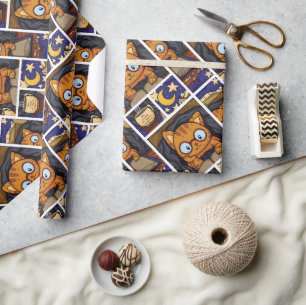 Cosy Cat in A Blanket with Book Illustration Wrapping Paper