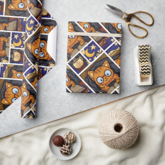 Cosy Cat in A Blanket with Book Illustration Wrapping Paper