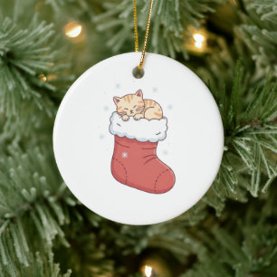 Cosy Cat in Christmas Stocking - Sleeping Kitten Ceramic Ornament