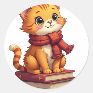 Cosy Cat Lover with Knitted Scarf and Autumn Books Classic Round Sticker