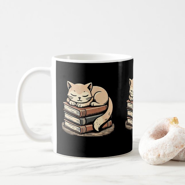 Cosy Cat On Books Lover Pet Owners & Cat Lovers Coffee Mug (With Donut)