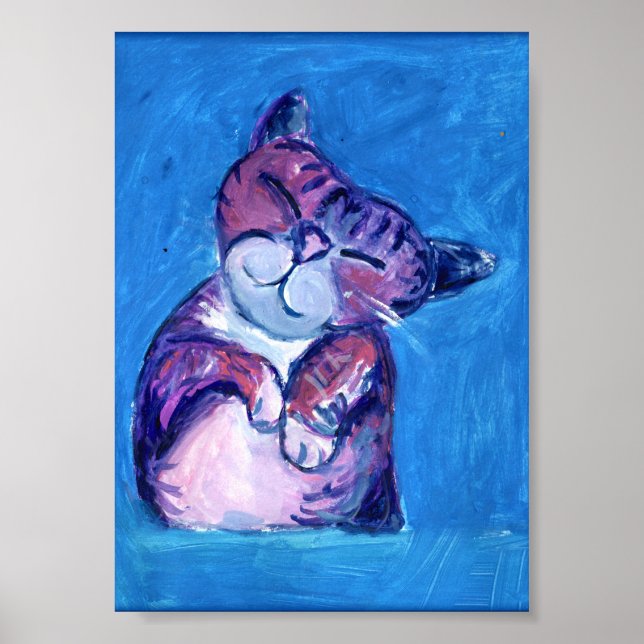  Cosy Cat Painted Kitty Cute Feline Fun Blue Poster (Front)