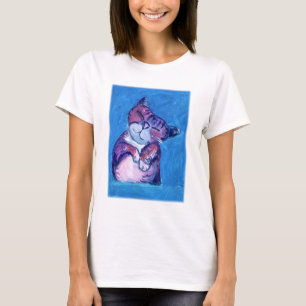 Cosy Cat Painting Cute Feline on Blue T-Shirt