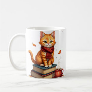 Cosy Cat Reading Autumn Watercolor Book Lover Gift Coffee Mug