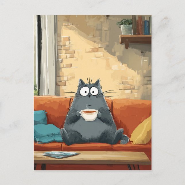 Cosy Cat with Coffee Postcard (Front)
