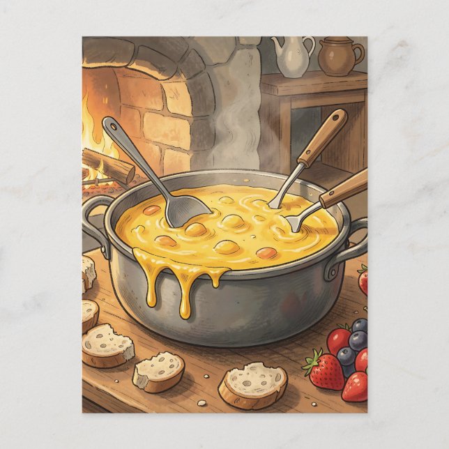 Cosy Cheese Fondue Fireplace Postcard (Front)