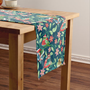 Cosy Christmas Birds in Evergreen Florals Short Table Runner