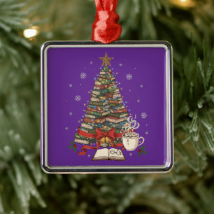 Cosy Christmas Book Tree for Readers & Bookworms Metal Ornament