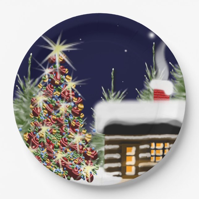 Cosy Christmas Cabin Holiday Scene Xmas Design Paper Plate (Front)