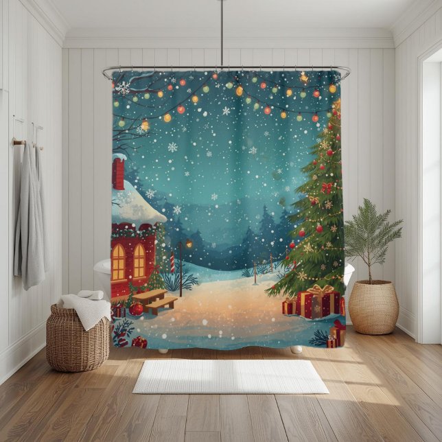 Cosy Christmas Cabin with Snowy Winter Scene Shower Curtain (Creator Uploaded)