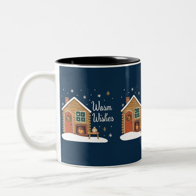 "Cosy Christmas Cabin with Warm Wishes" Two-Tone Coffee Mug (Left)
