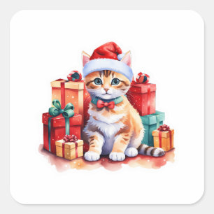 Cosy Christmas Cat Sticker – Cute Kitty with Gift 