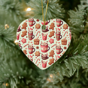 Cosy Christmas Cocoa and Gingerbread Pattern Ceramic Ornament
