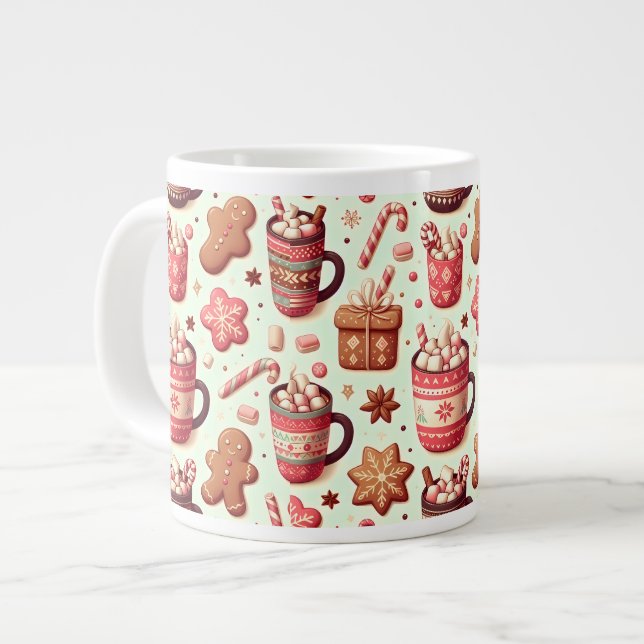 Cosy Christmas Cocoa and Gingerbread Pattern Large Coffee Mug (Front Left)