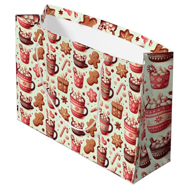 Cosy Christmas Cocoa and Gingerbread Pattern Large Gift Bag (Back Angled)