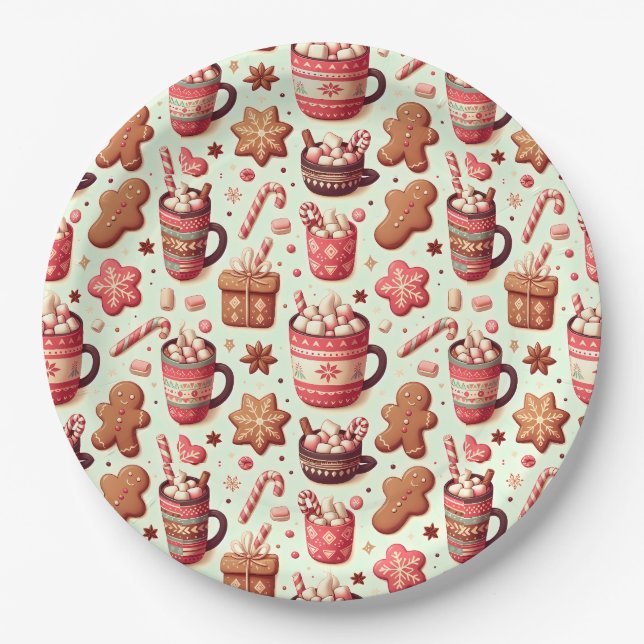 Cosy Christmas Cocoa and Gingerbread Pattern Paper Plate (Front)