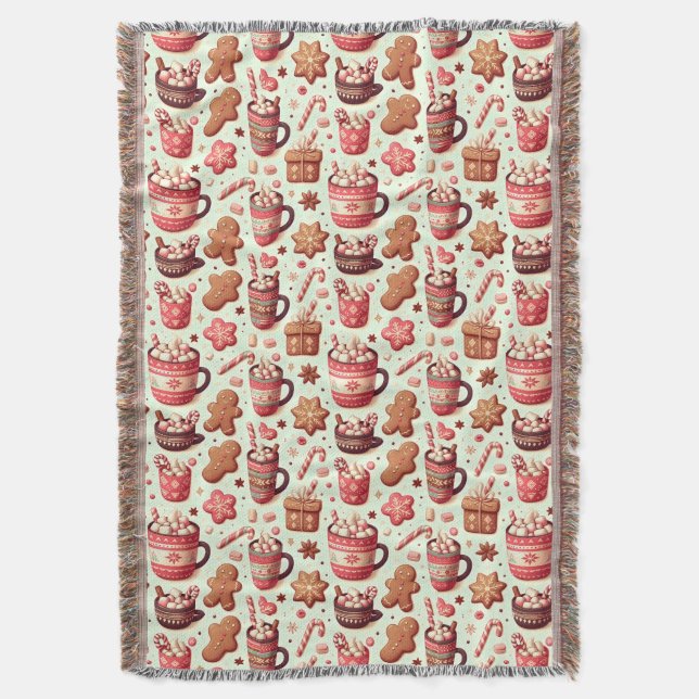Cosy Christmas Cocoa and Gingerbread Pattern Throw Blanket (Front Vertical)