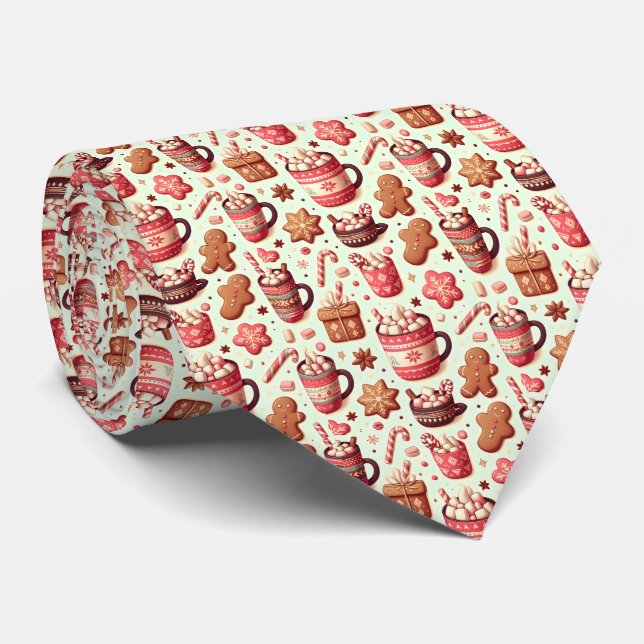 Cosy Christmas Cocoa and Gingerbread Pattern Tie (Rolled)