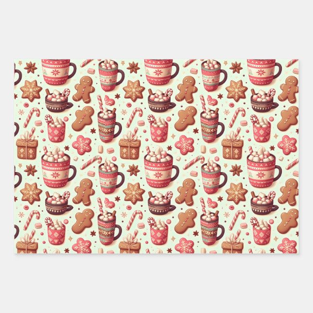 Cosy Christmas Cocoa and Gingerbread Pattern Wrapping Paper Sheet (Front)