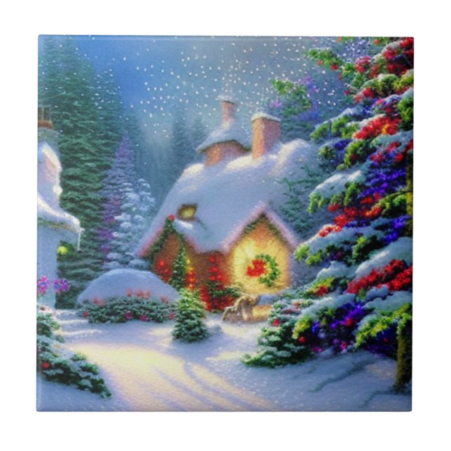 Cosy Christmas Cottage Ceramic Tile (Front)