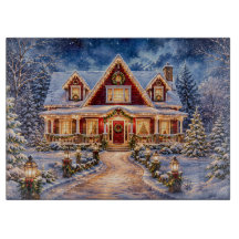 Cosy Christmas Cottage Glass Cutting Board