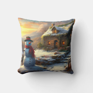 Cosy Christmas Cottage & Snowman Vintage Winter Cushion