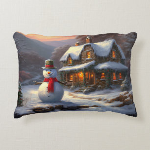 Cosy Christmas Cottage & Snowman Vintage Winter Decorative Cushion