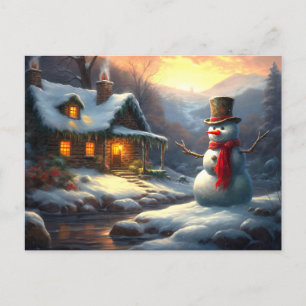 Cosy Christmas Cottage & Snowman Vintage Winter Holiday Postcard