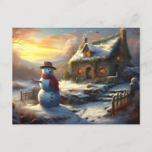 Cosy Christmas Cottage & Snowman Vintage Winter Invitation Postcard