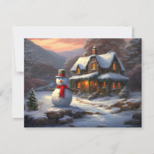 Cosy Christmas Cottage & Snowman Vintage Winter Postcard