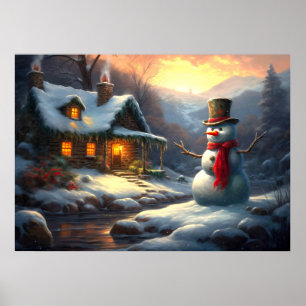 Cosy Christmas Cottage & Snowman   Vintage Winter Poster