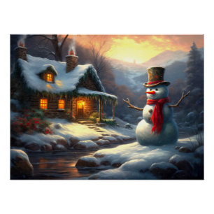 Cosy Christmas Cottage & Snowman   Vintage Winter Poster