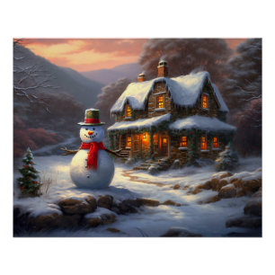 Cosy Christmas Cottage & Snowman   Vintage Winter  Poster