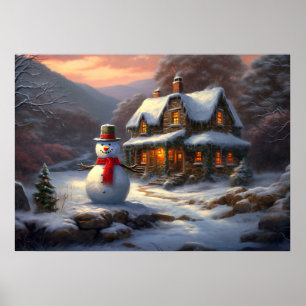 Cosy Christmas Cottage & Snowman   Vintage Winter Poster
