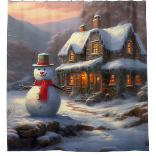 Cosy Christmas Cottage & Snowman Vintage Winter Shower Curtain