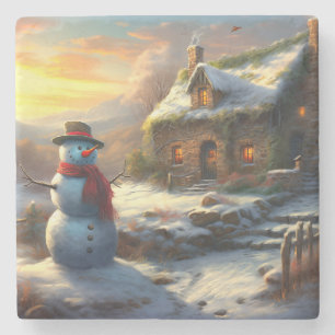 Cosy Christmas Cottage & Snowman   Vintage Winter  Stone Coaster