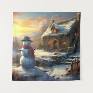 Cosy Christmas Cottage & Snowman Vintage Winter Tapestry